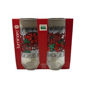 Seasons Greetings Luminarc 16 Oz Glass Tumblers Set Of 4 Made In USA NOS